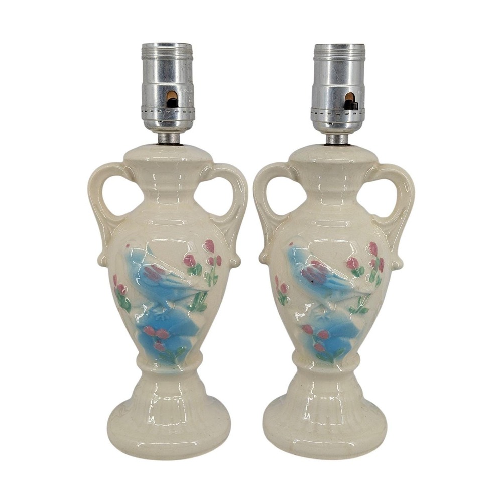 Vintage Bluebird Table Lamps Pair Mid Century Kitsch Shawnee Pottery Urn MCM